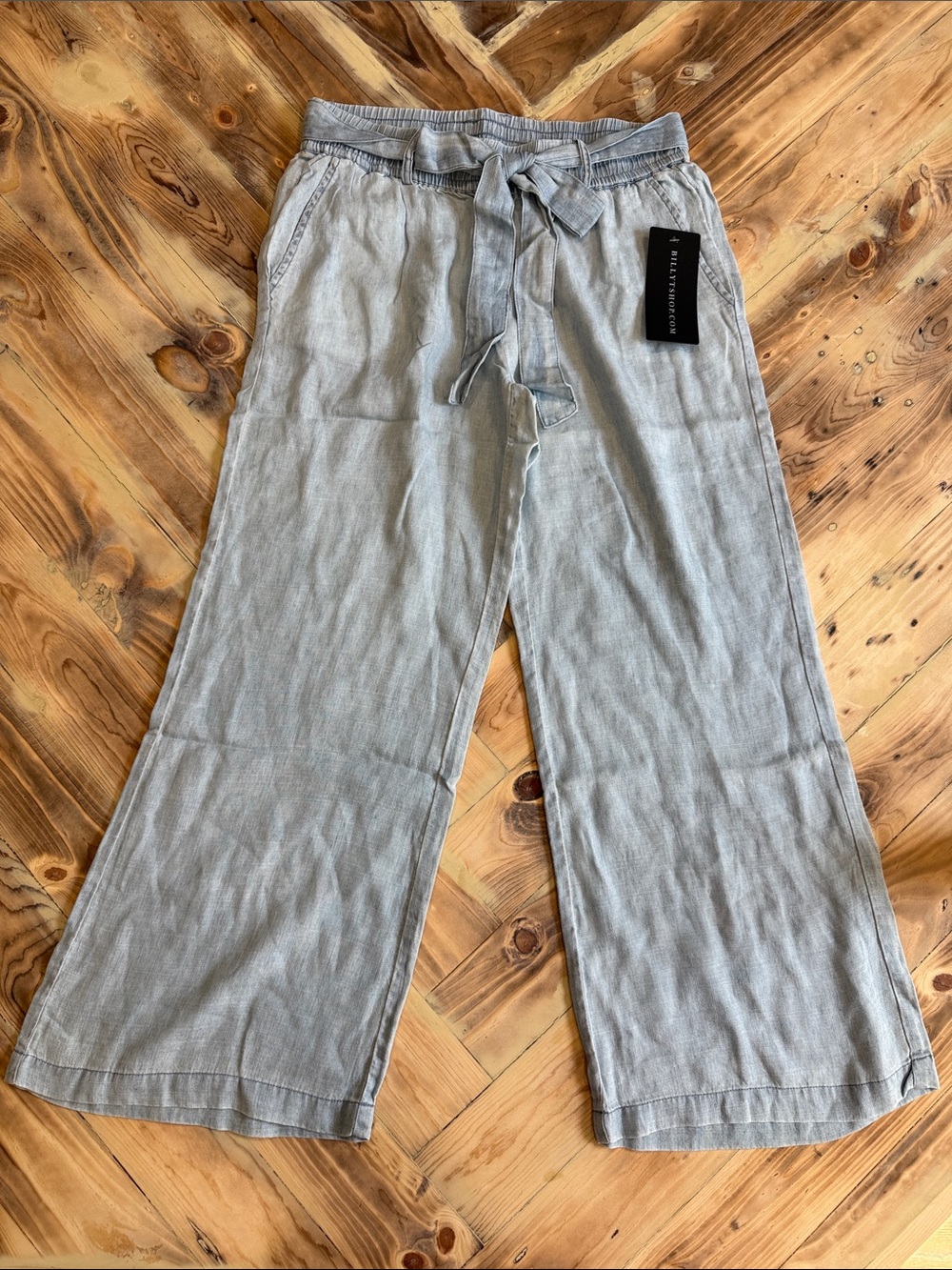 Light Blue Wide Leg Linen Blend Pants with Tie Waist